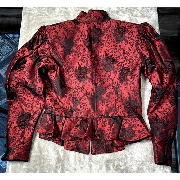Vintage Ungaro Parallele Brocade Red Black Floral Peplum Jacket Victorian Size 8 - Picture 2 of 8